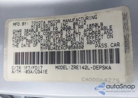 2012 Toyota Corolla S z USA, uszkodzony, nr VIN 5YFBU4EEXCP058880